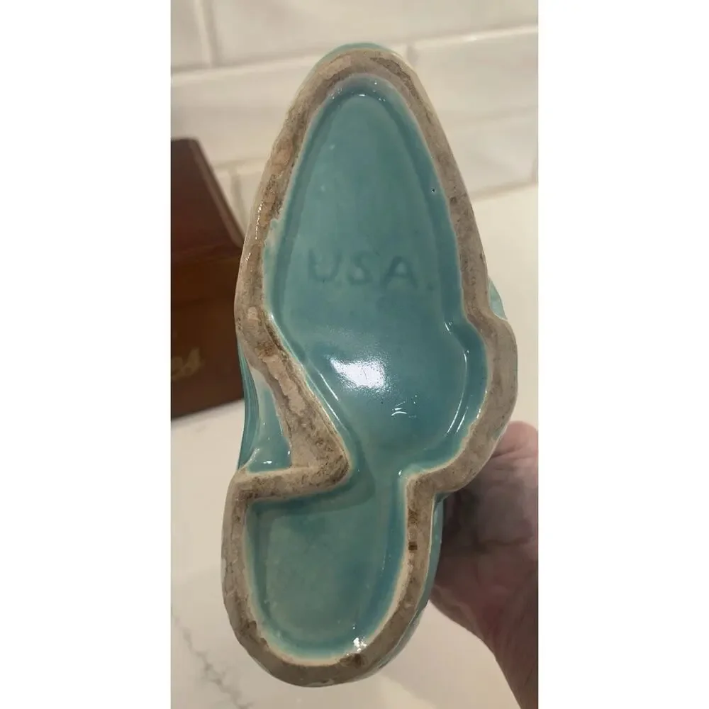 Vintage USA‎ Pottery Blue Ceramic Shoe With Dog Planter With Bow